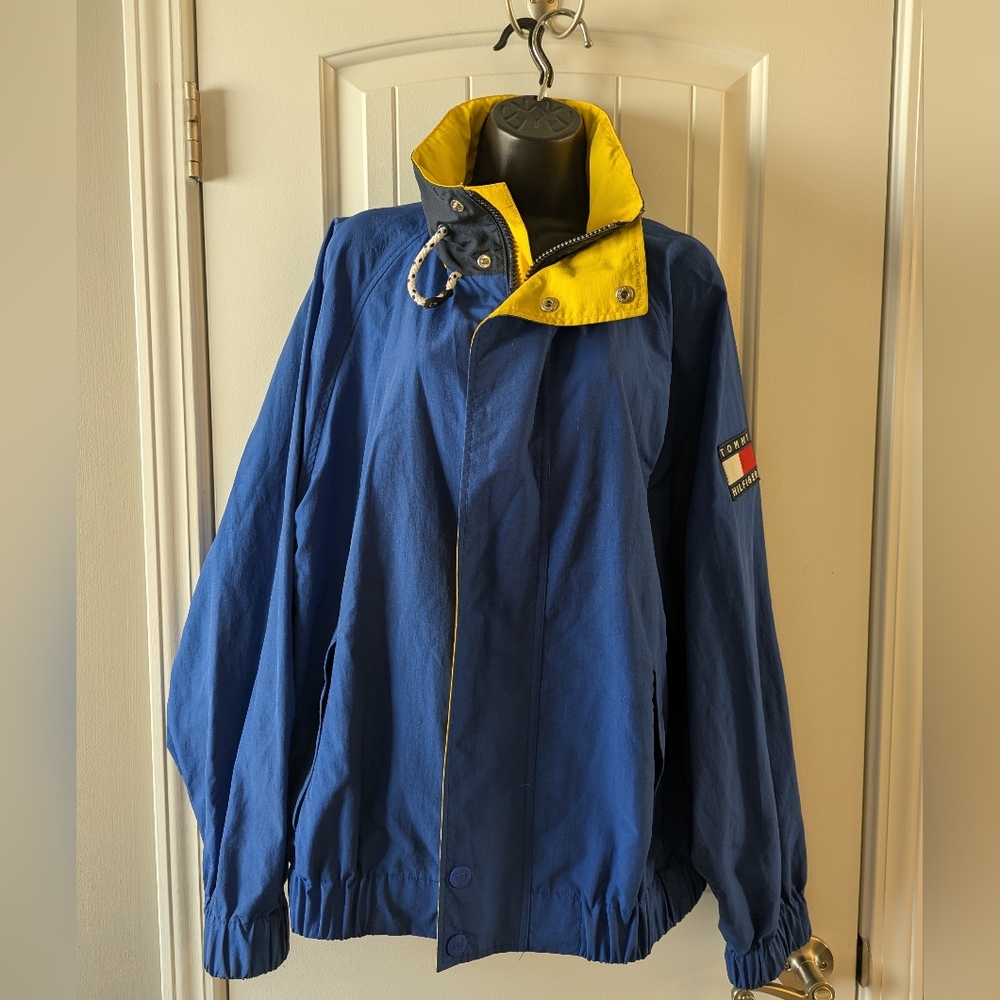 Vtg 90 Tommy Hilfiger Jacket Men L BlueSailing Embroidered Spellout Windbreaker